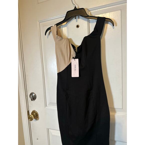 House of CB Dress Women's XS Black/Nude Rodene Two-Tone Cross Over Bodycon NWT - Picture 4 of 8